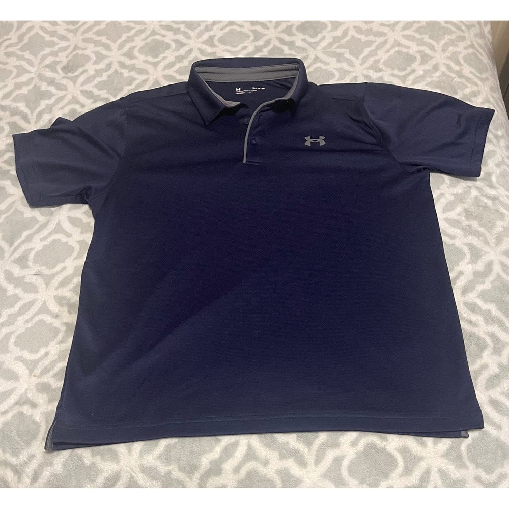 Under Armour Men XL Navy Blue Loose Fit Short Sleeve Golf Performance Polo Shirt
